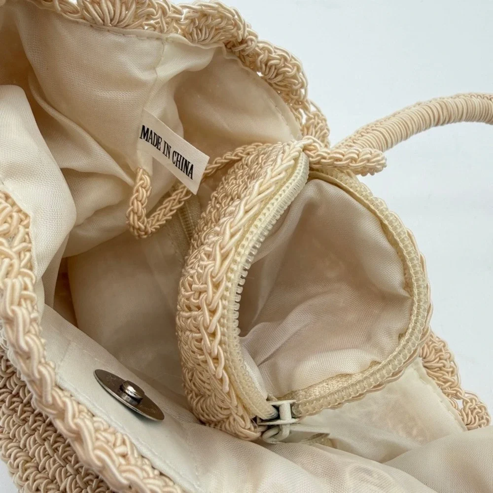 Crochet Straw Tote Bag Beige Woven Top‎ Handle Purse Coin Pouch Boho Summer